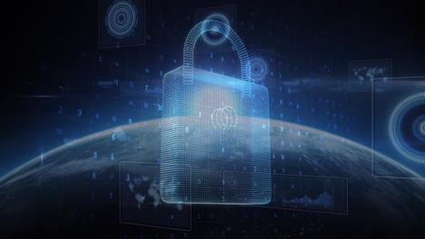 animation of online security padlock over scopes scanning and data processing