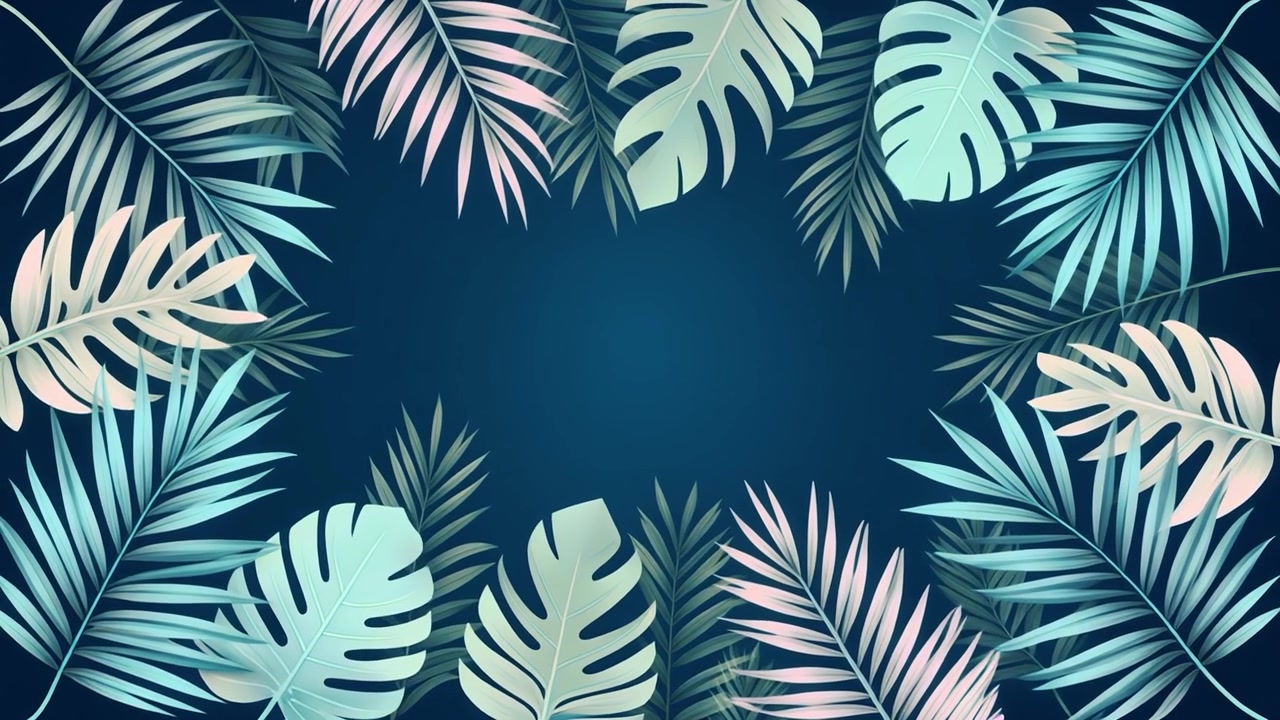 Animated Tropical Palm Leaves Frame on Dark Blue Background