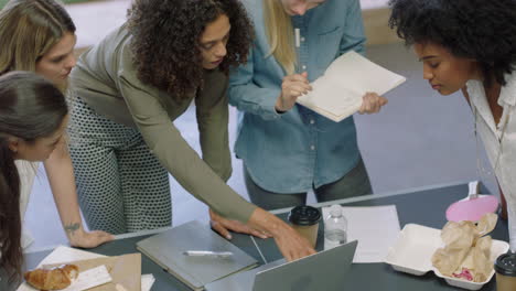 multi ethnic business people meeting brainstorming manager woman sharing ideas creative female team working together on project planning development using laptop in office workplace top view