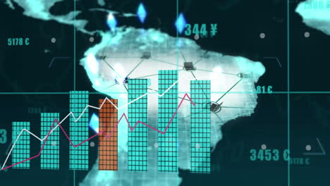 animación del procesamiento de datos estadísticos a través de la red de red contra el mapa del mundo sobre fondo azul.