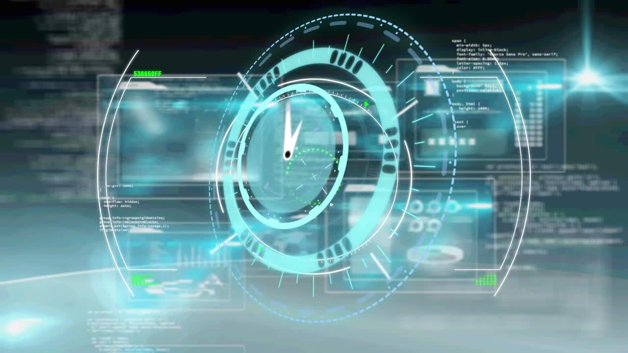Scope scanning over neon blue digital clock ticking against digital interface with data processing