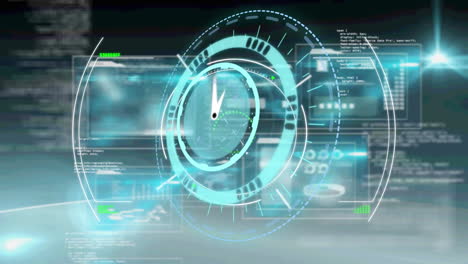 escaneo de alcance sobre reloj digital azul de neón haciendo tictac frente a la interfaz digital con procesamiento de datos
