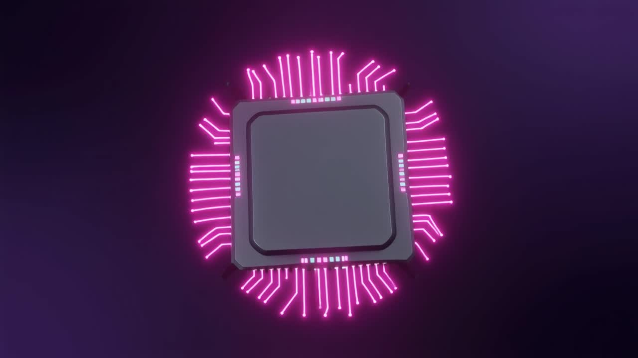 Futuristic Computer Chip Rotating with Glowing Neon Connections