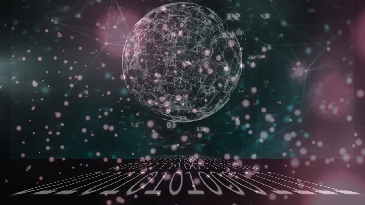 animación del procesamiento de datos en pantallas en movimiento y puntos de luz sobre fondo negro