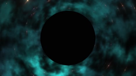 slow zoom into supermassive black hole in teal nebula