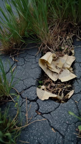 abandoned parking lot overgrown with weeds and trash