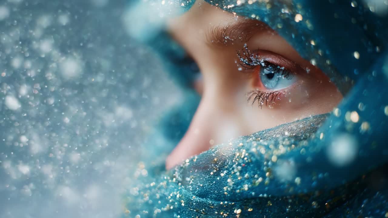 A close-up view of a young person's captivating blue eyes framed by shimmering fabric, as delicate snowflakes softly fall around them, creating a magical winter atmosphere