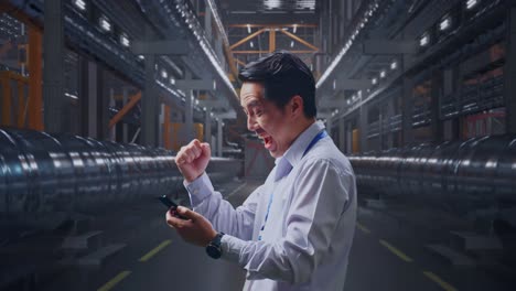 Businessman Celebrating Success in a Factory