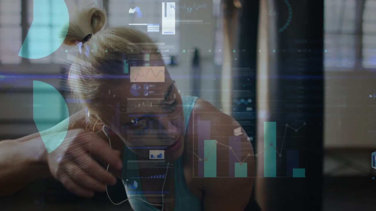 Female athlete leaning on bag after boxing for fitness recovery while tracking animated overlays