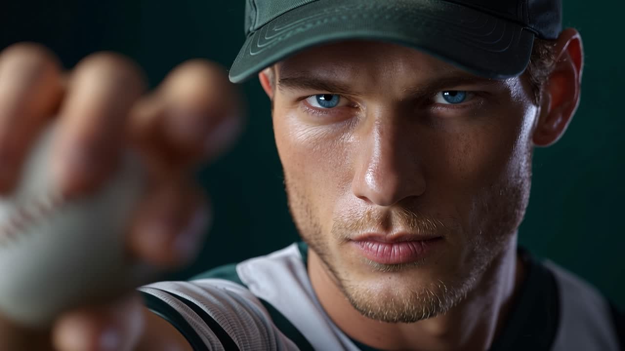 Junger Mann hält einen Baseball fest, Blick starr nach vorne. Dunkle Kappe, fokussierter Blick, ernster Ausdruck. Eine Handaufnahme zeigt Intensität und Konzentration. Ideal für Sport, Coaching oder Athletiktraining-Szenen.