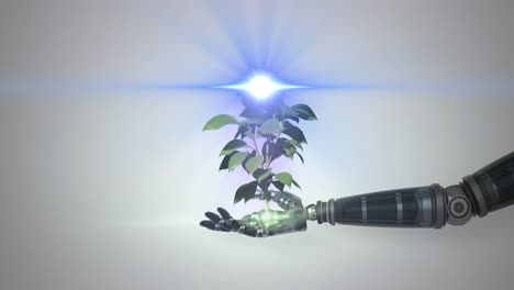 animation of network of growing plant in hand of robot arm, with moving blue light on grey