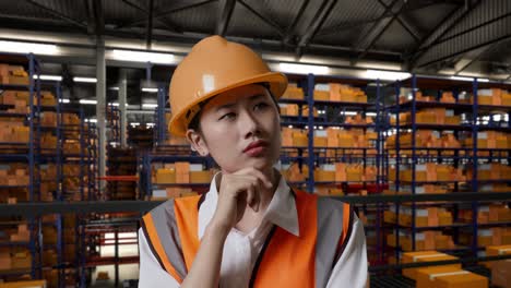 primer plano de una ingeniera asiática con casco de seguridad de pie en el almacén con estantes llenos de productos de entrega. pensando en algo y mirando a su alrededor y luego levantando su dedo índice