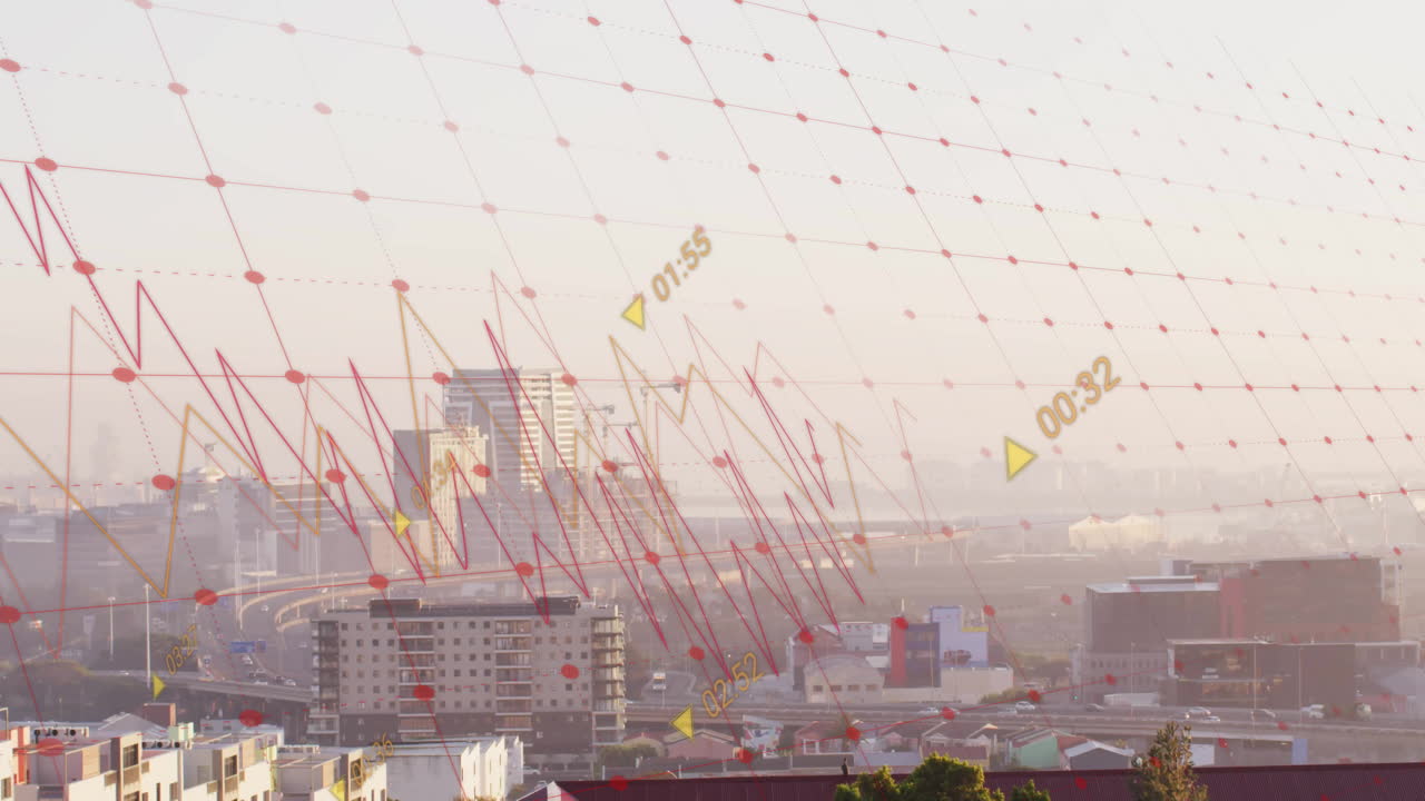 Animation of red graph lines overlaying cityscape with time markers on buildings