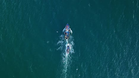 aerial birds eye view of motorised fishing boat sailing across waters off pacific ocean with birds flying overhead