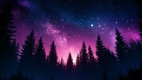 starry night sky over dark forest. a vibrant night sky filled with stars and a hint of purple hue over a silhouette of tall trees.