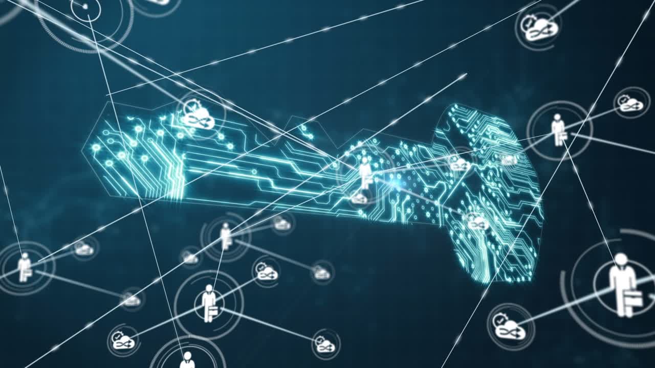 Animation of network of connections with icons over digital key