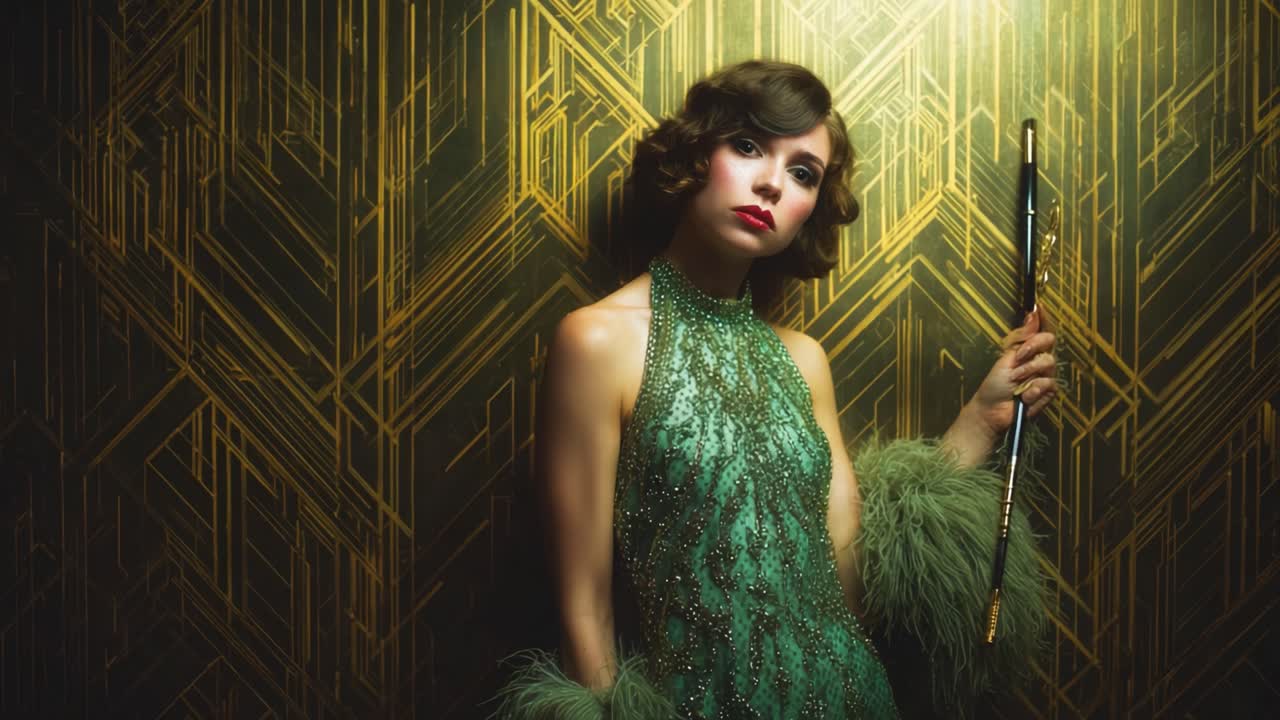 A captivating portrait features a stunning woman adorned in an elegant green dress with intricate embellishments, complemented by feathery accessories, set against a geometric art deco background, exuding glamour and sophistication