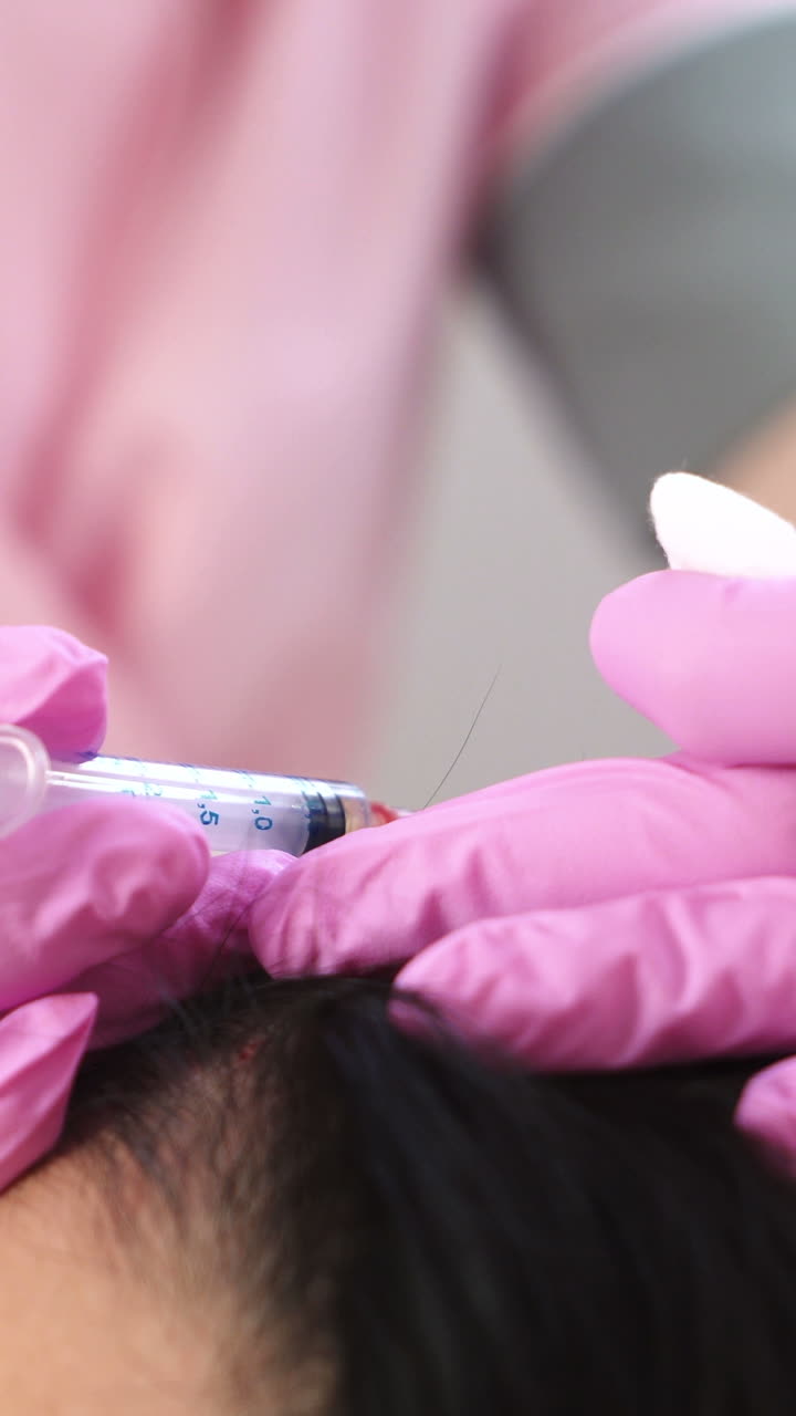 Handsome woman receives an injection in the head. The concept of mesotherapy. Thrust to strengthen the hair and their growth Vertical video