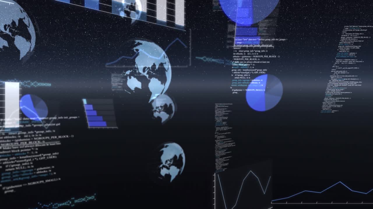 Animation of globes spinning, statistics recording and data processing over universe