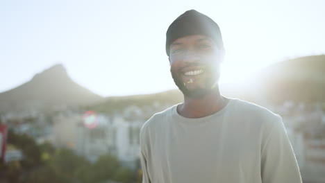 face, happy and street style with a black man