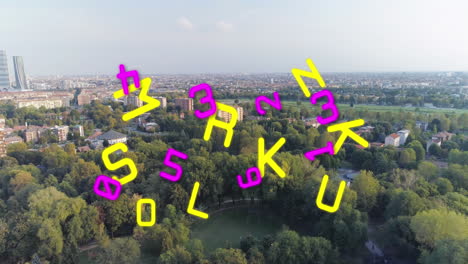 animation of falling numbers and letters over cityscape