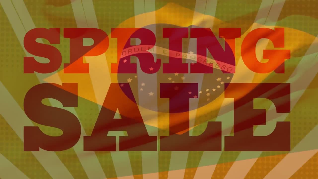animación del texto de la venta de primavera y rayas naranjas radiantes sobre la bandera ondeante de brasil
