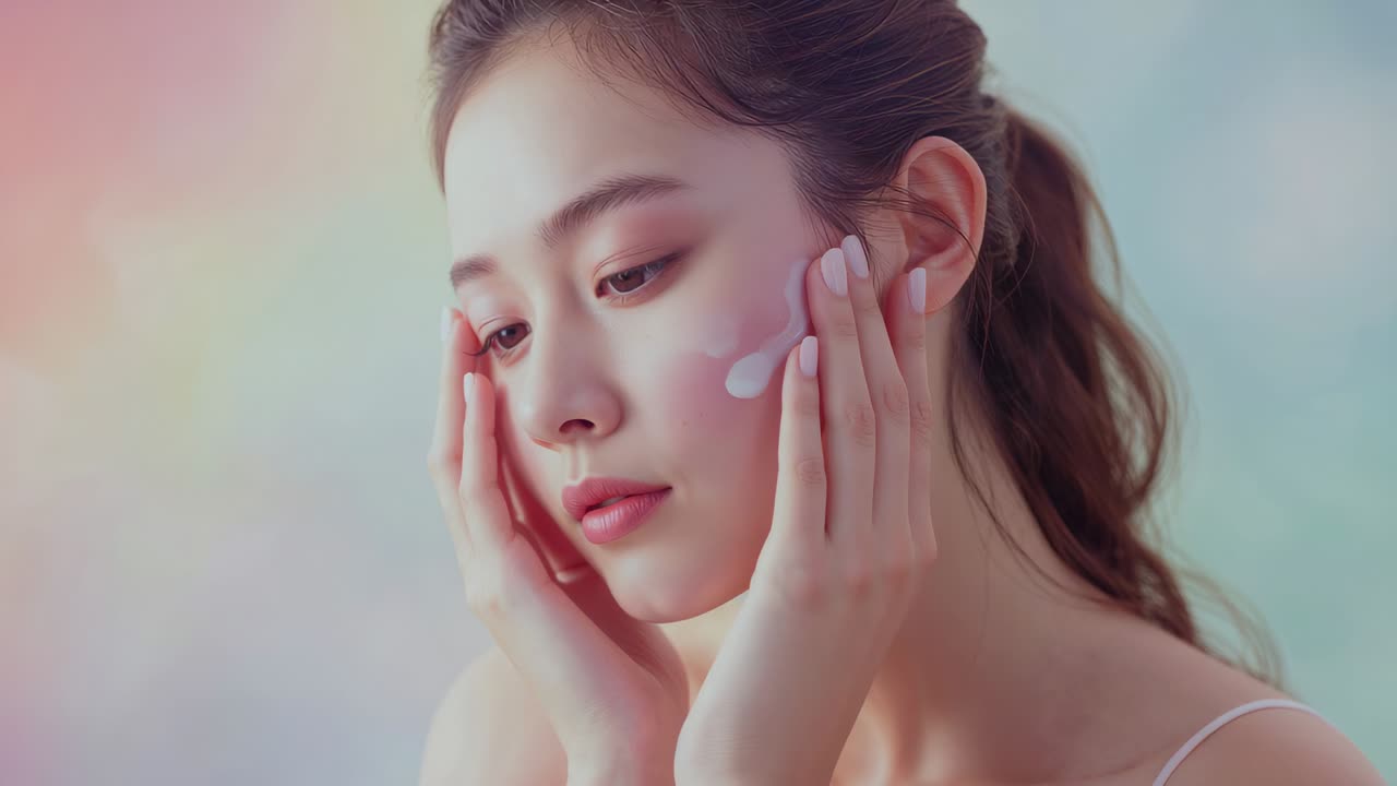 Putting white cream dots, adult Asian woman massaging cheeks in studio, wearing thin straps