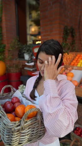 young woman holding a basket of fruit at the grocery store