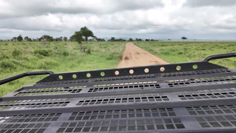 steel top of a jeep safari at mikumi national park in tanzania. pov shot