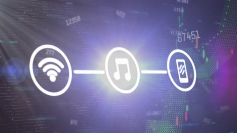 Animation-of-changing-numbers,-network-of-digital-icons,-light-spot-and-financial-data-processing