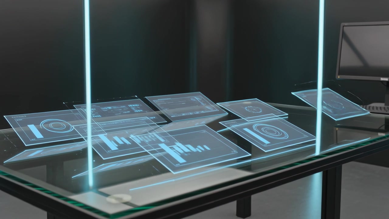 Initiating startup, tempered glass table projecting blue UI panels in lab, puck sensor for analysis