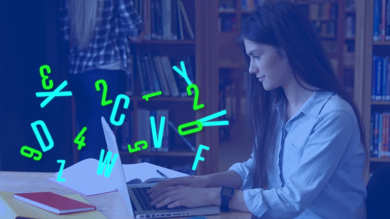 animación de letras y números flotantes sobre mujer caucásica usando computadora portátil