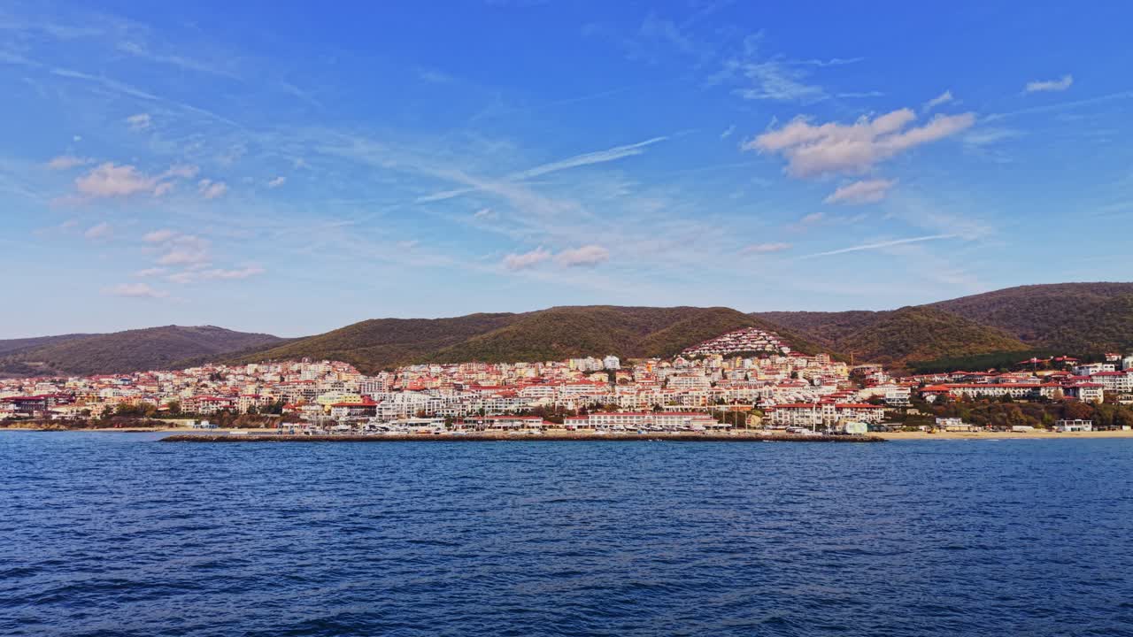 Coastal view of Varna, Bulgaria with scenic mountains in background