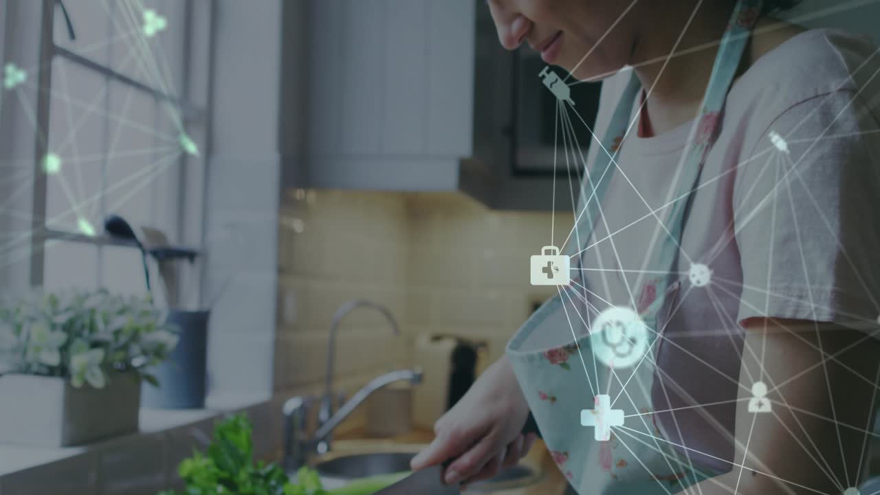 Woman grabbing knife and slicing pepper at counter while health data icons tracking nutrition