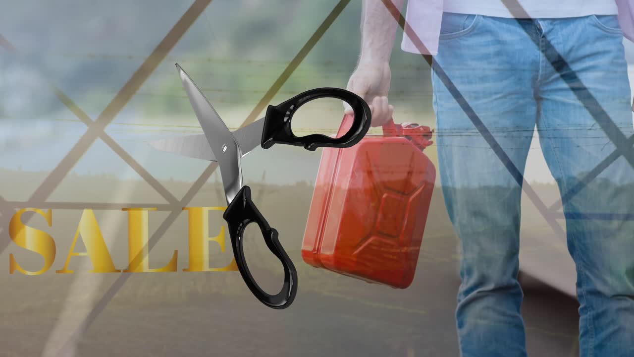 가위와 데이터 프로세싱의 애니메이션은 가솔린 캔과 전력 기둥을 가진 사람 위에 있습니다.