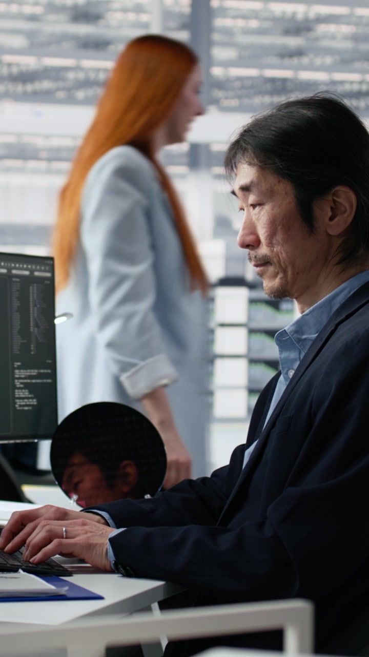 Vertikal video: Seniorleder analyserer chiparkitektur med AI-modell i mikrochipfabrikk