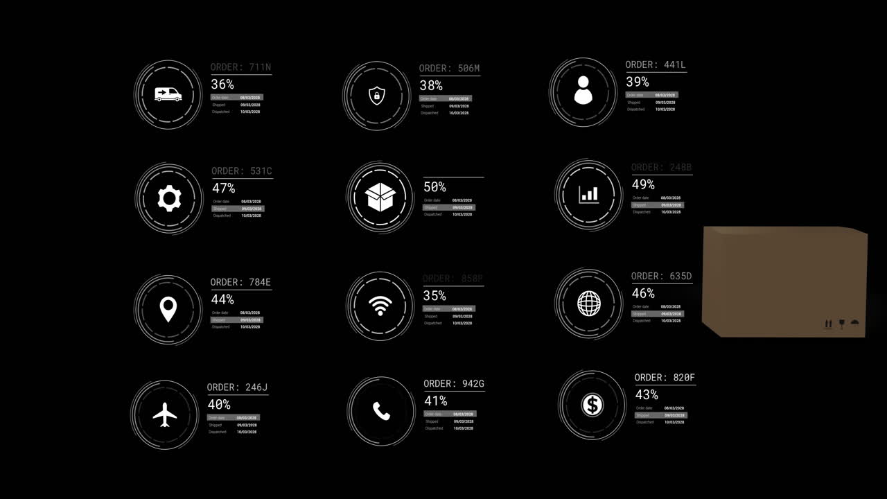 animación de iconos de medios y procesamiento de datos sobre fondo negro