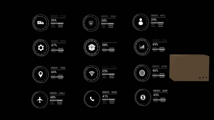 Animation of media icons and data processing on black background