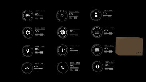Animation of media icons and data processing on black background