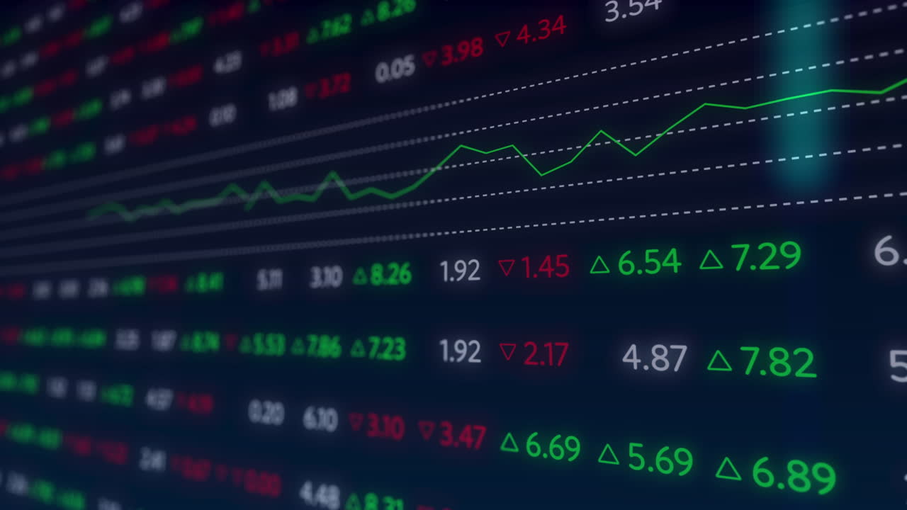 Animazione di statistiche ed elaborazione di dati finanziari su sfondo blu