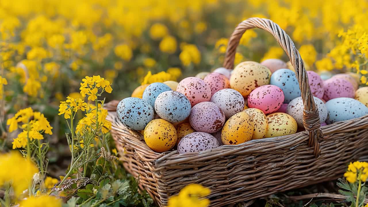 A Vibrant Basket Overflowing with Colorful Easter Eggs Surrounded by Bright Yellow Wildflowers in a Sunlit Field