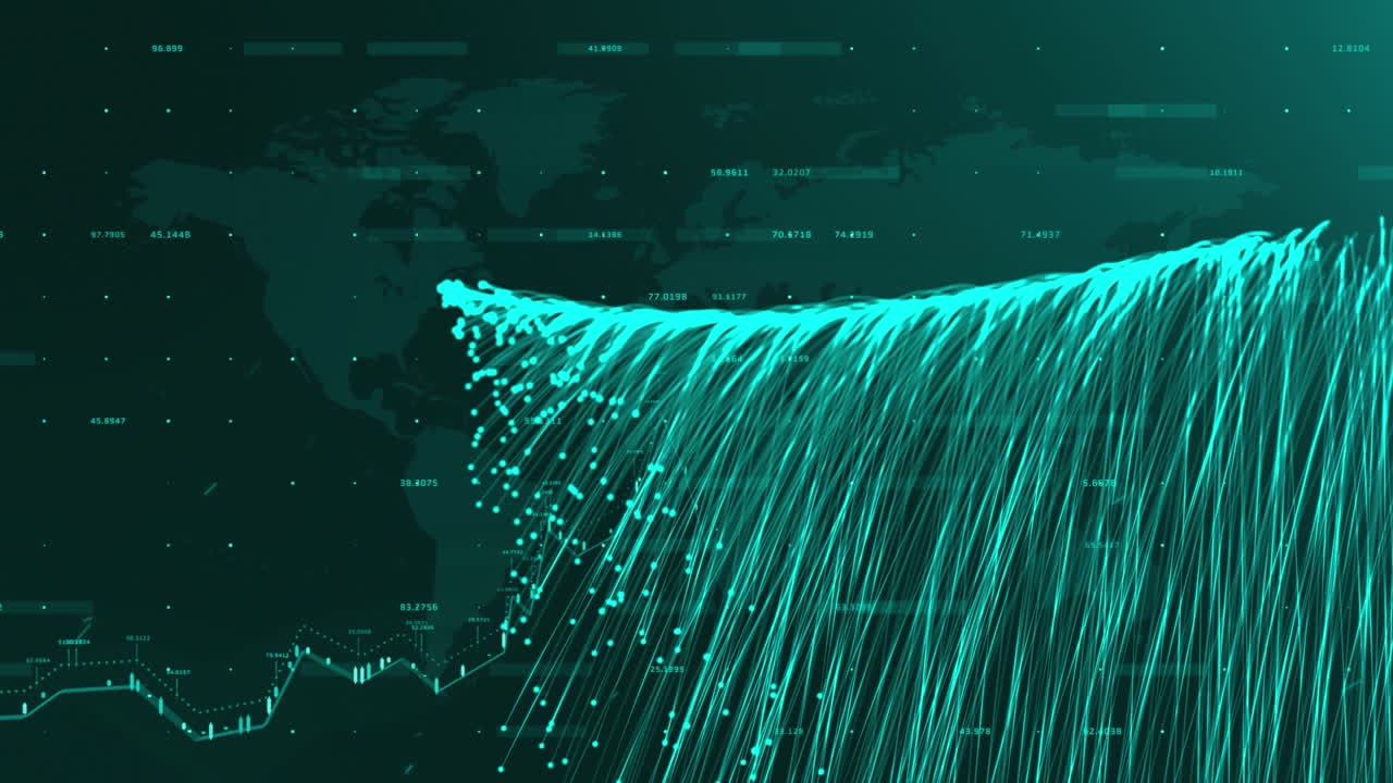 Animation of data processing over world map and explosion of blue light trails