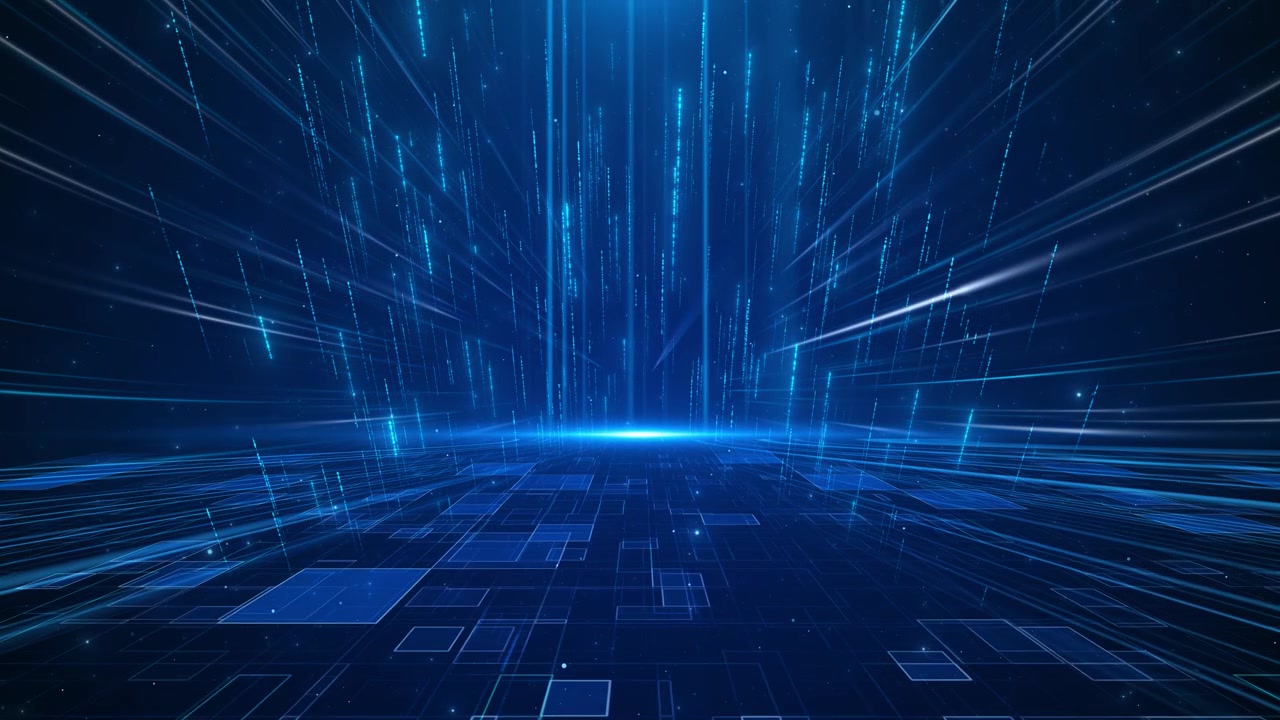 Blue cyber grid stage with vertical light beams digital rain glowing floor and deep tech space