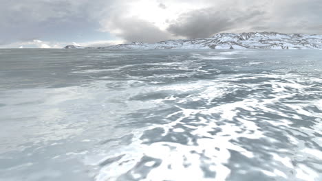 Frozen landscape with mountains and clouds