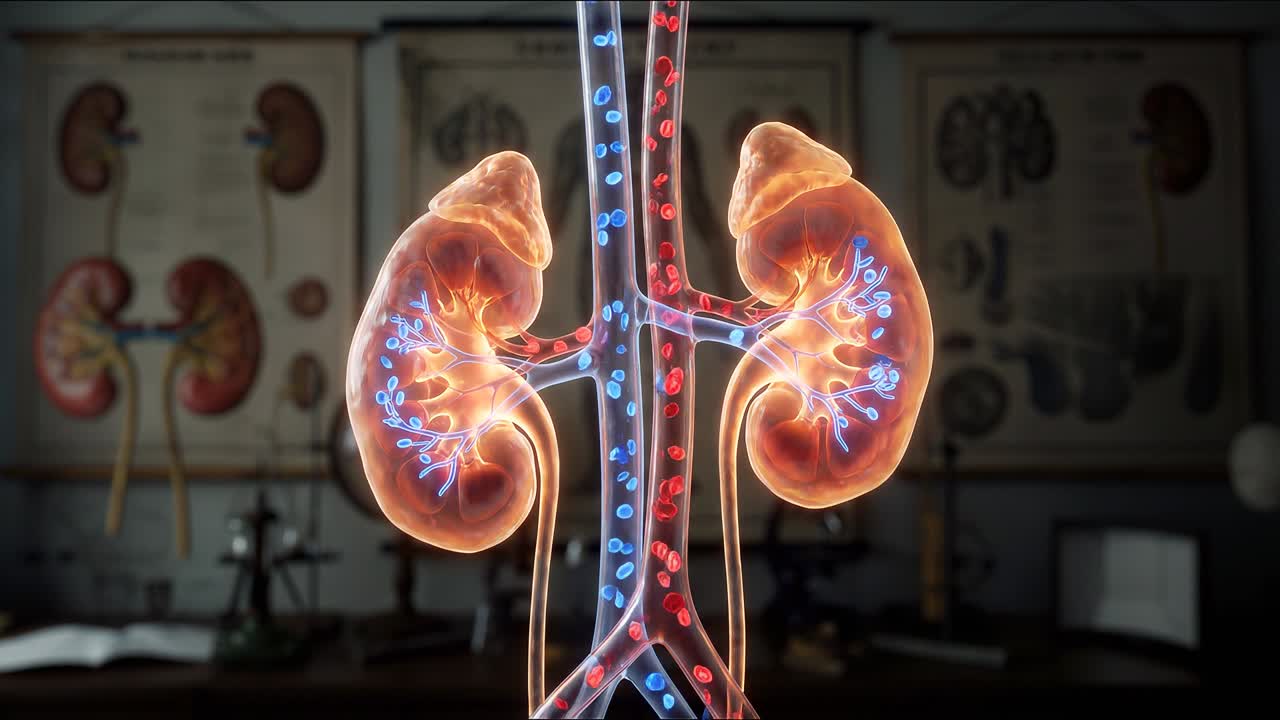 Glowing kidneys connected with arteries and veins showing blood circulation and filtration in medical science concept illustration