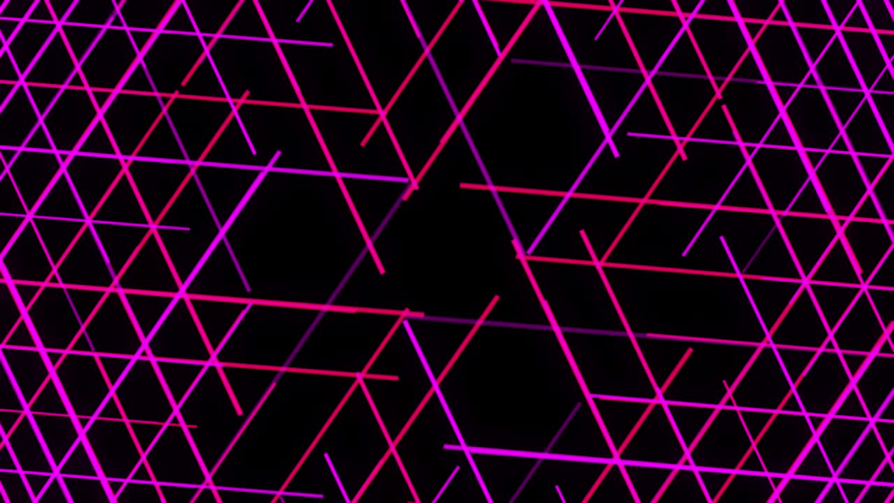A hypnotic grid spinning on black background. Animation. Abstract colorful pink crossed lines with a space in the center of the screen rotating and forming triangles, seamless loop