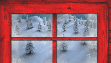 Animation-of-snow-falling-and-christmas-winter-scenery-seen-through-window