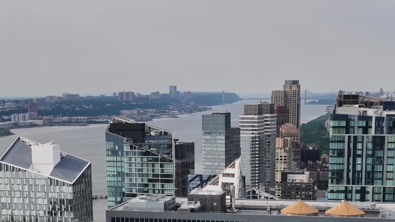 Vibrant architecture and waterfront views in New York City from above