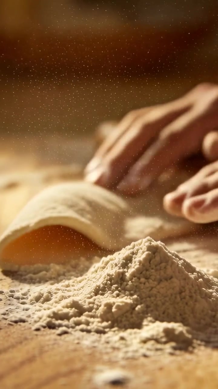 Vertical video: Sprinkling flour baker hands bare arms rolling dough to bake in kitchen, pin, screw