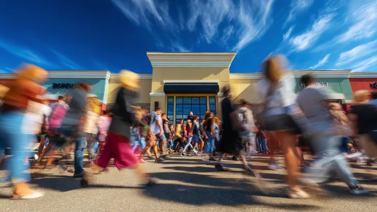 A Vibrant Scene of a Bustling Crowd Flowing Through A Retail Plaza on a Sunny Day, Showcasing People Engaging in Energetic Shopping and Leisure Activities in a Retail Environment